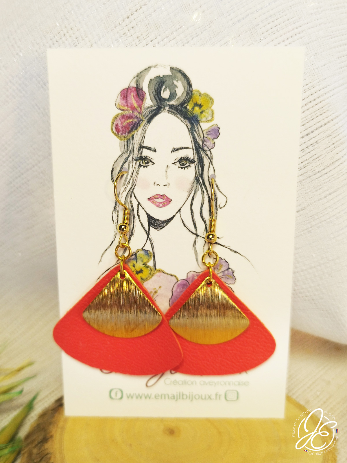 Boucles d’oreilles éventail d'été en cuir recyclé, couleur orange