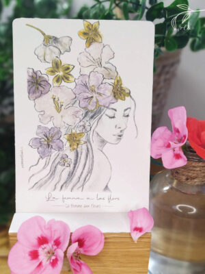 carte illustré avec femme et fleurs, rehaussé de dorures
