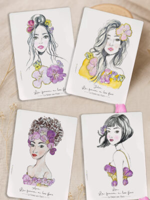 carte illustré avec femme et fleurs, rehaussé de dorures