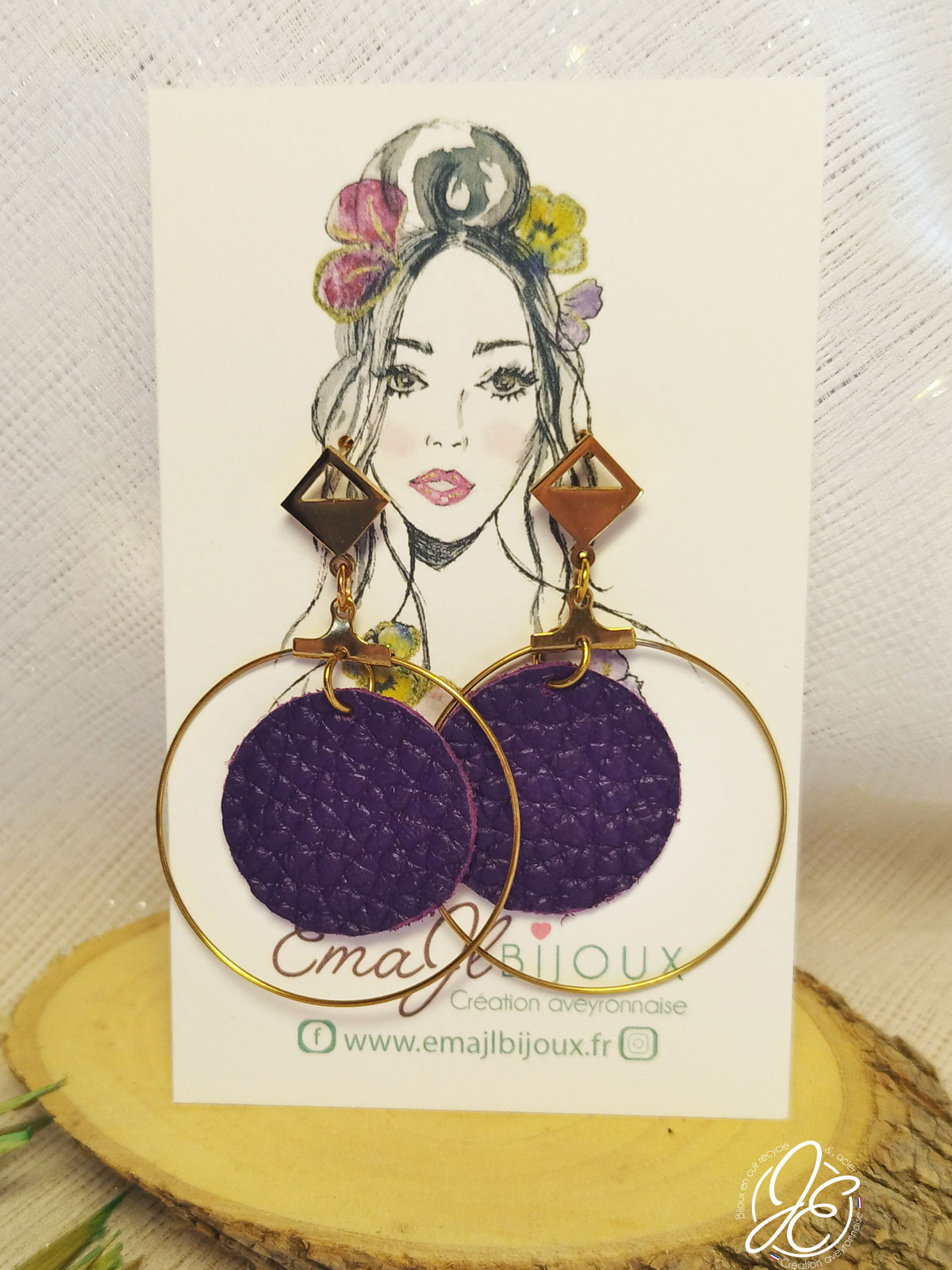 Boucles d’oreilles créoles d'éclipse en cuir recyclé, couleur violet