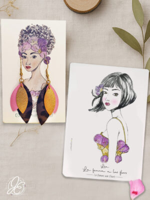 Coffret bijou et papeterie : danse de pétales rose et léopard en cuir recyclé et carte illustrée Léa en tatakizomé