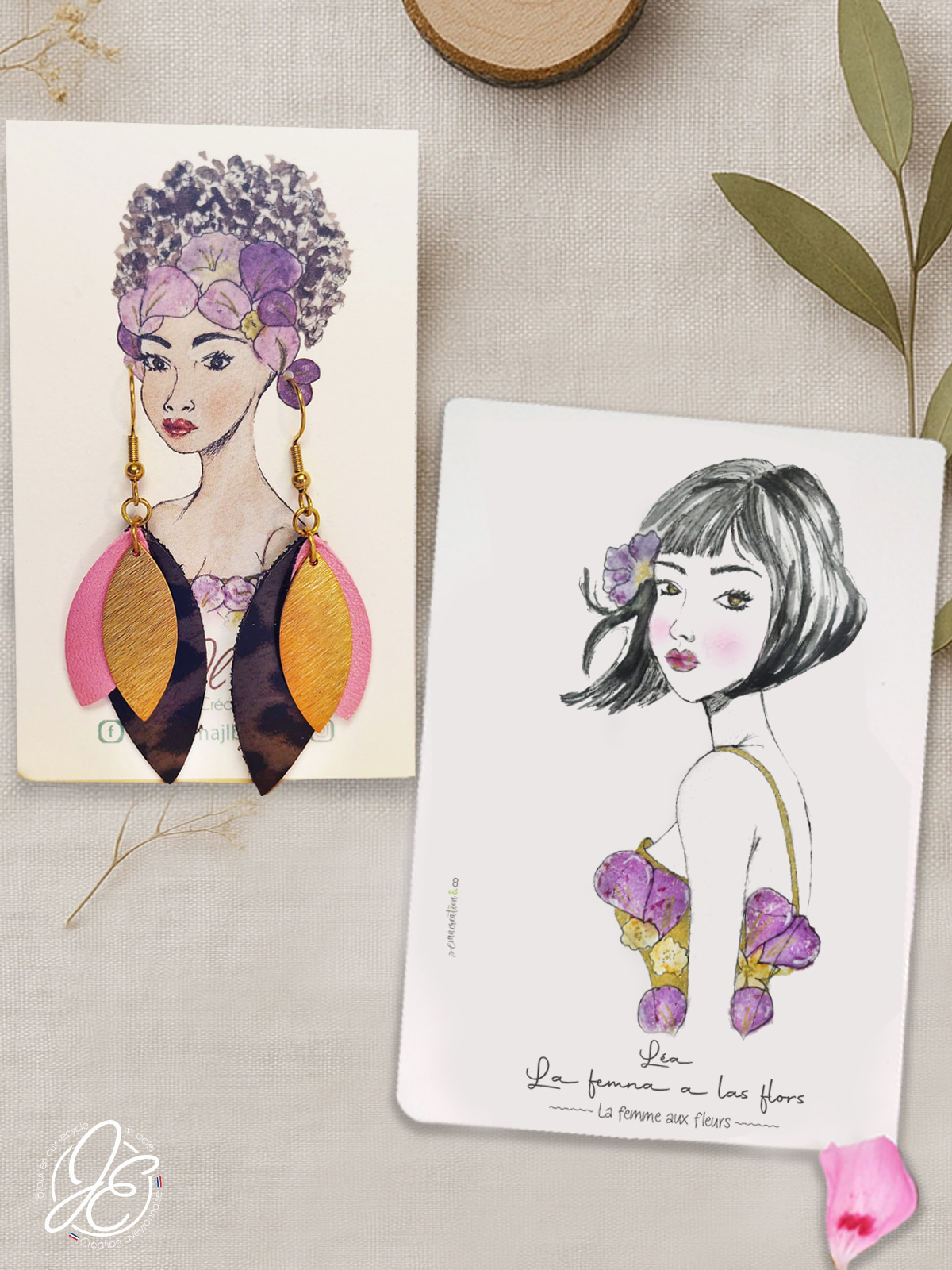 Coffret bijou et papeterie : danse de pétales rose et léopard en cuir recyclé et carte illustrée Léa en tatakizomé