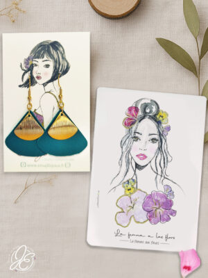 Coffret bijou et papeterie : éventail d'été vert en cuir recyclé et carte illustrée Camille en tatakizomé