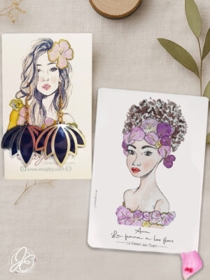 Coffret bijou et papeterie : feuille de lotus léopard en cuir recyclé et carte illustrée Awa en tatakizomé