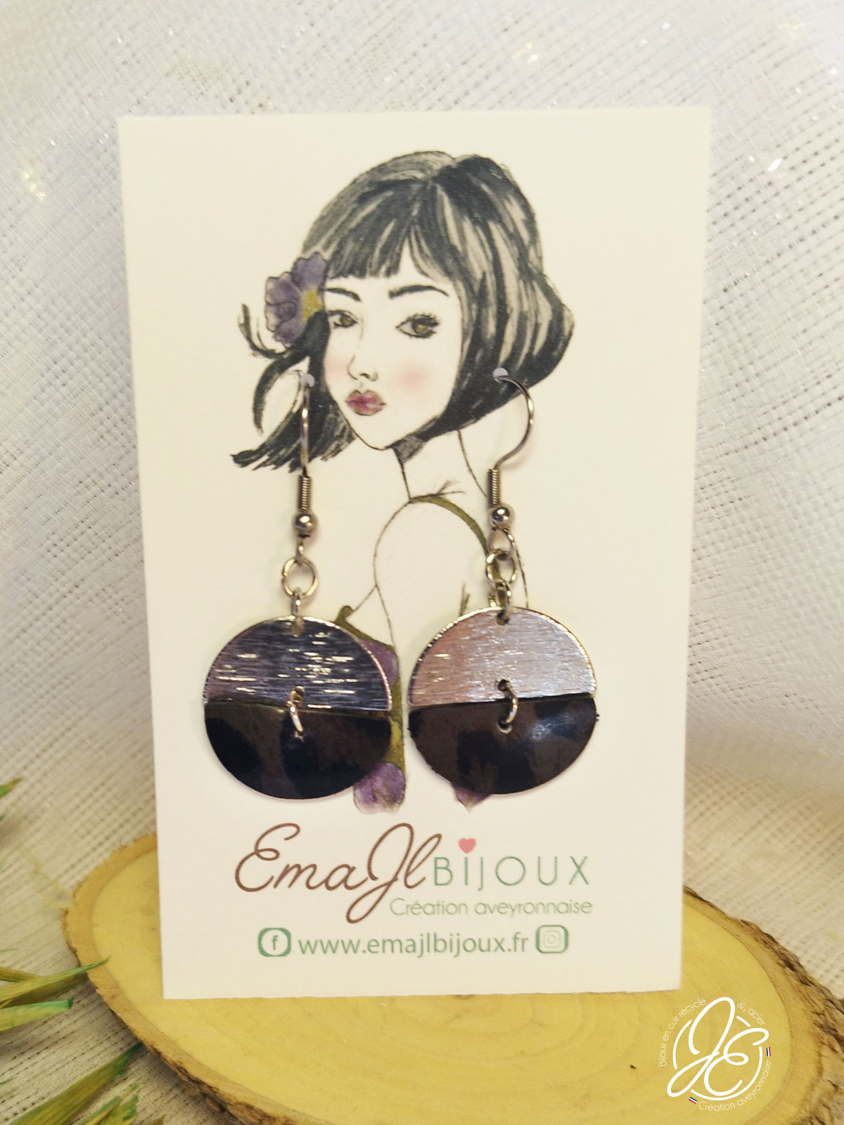 Boucles d’oreilles Demi-Monde en cuir recyclé -léopard-argent