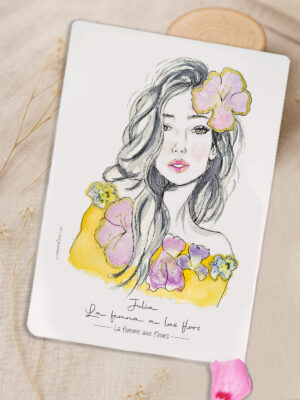 carte illustré avec femme et fleurs, rehaussé de dorures