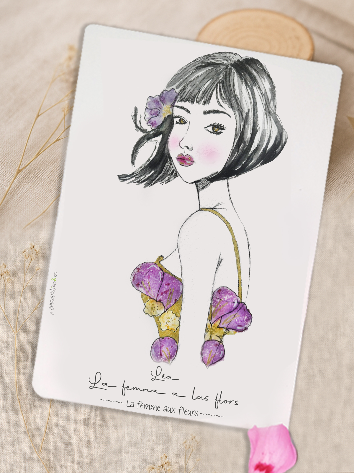 carte illustré avec femme et fleurs, rehaussé de dorures