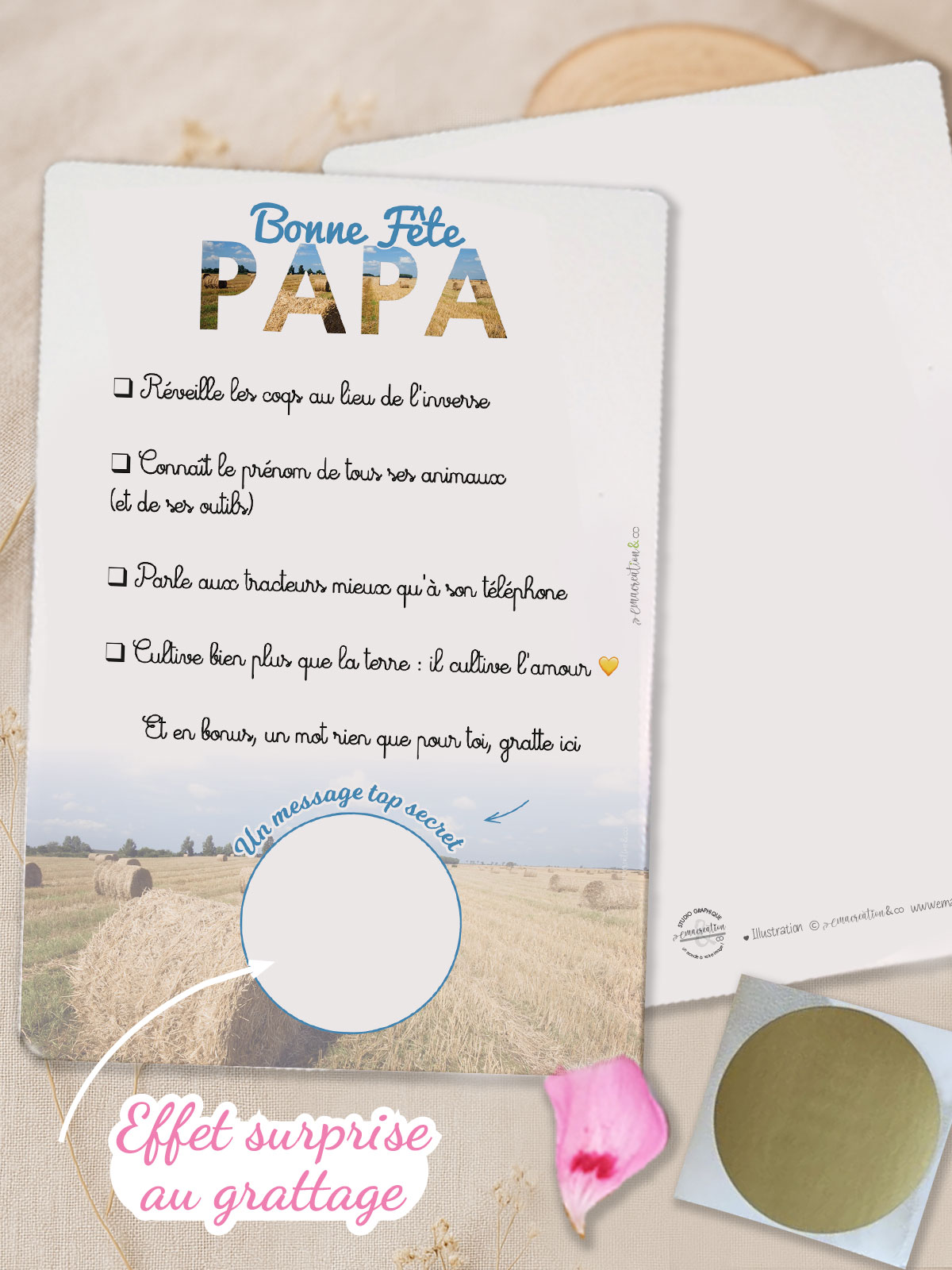 Carte à gratter “Bonne Fête Papa” avec pastille dorée et fond champêtre