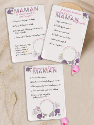 Carte à gratter Tatakizomé “Pourquoi je t’aime Maman” avec cases à cocher et message caché, style poétique et floral
