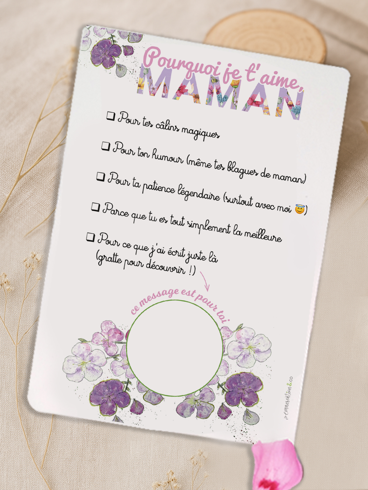 Carte à gratter Tatakizomé “Pourquoi je t’aime Maman” avec cases à cocher et message caché, style poétique et floral
