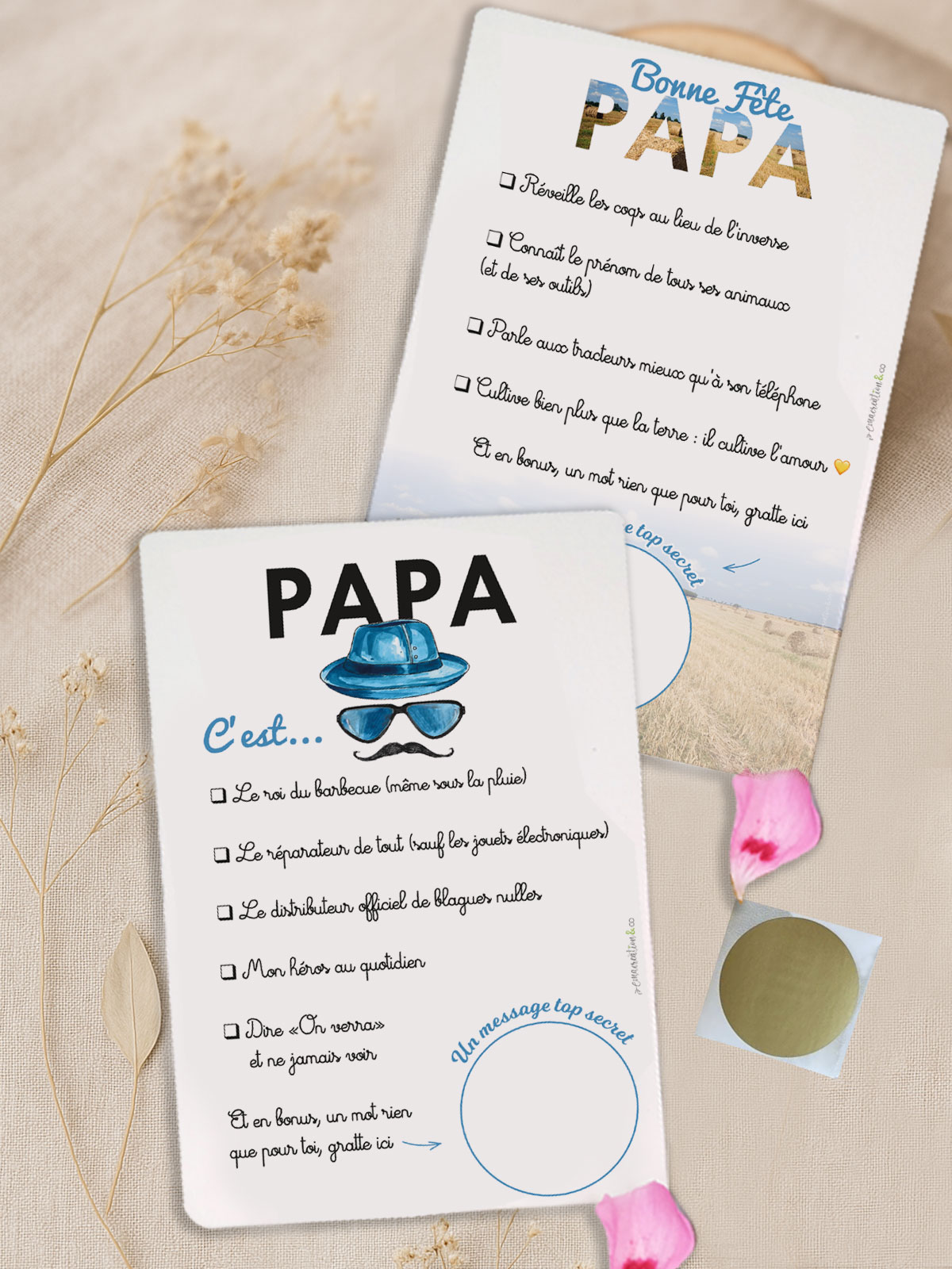 Carte à gratter “Papa moustache” "Bonne fête papa" humoristique avec pastille à gratter
