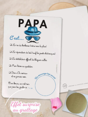 Carte à gratter “Papa moustache” humoristique avec pastille à gratter