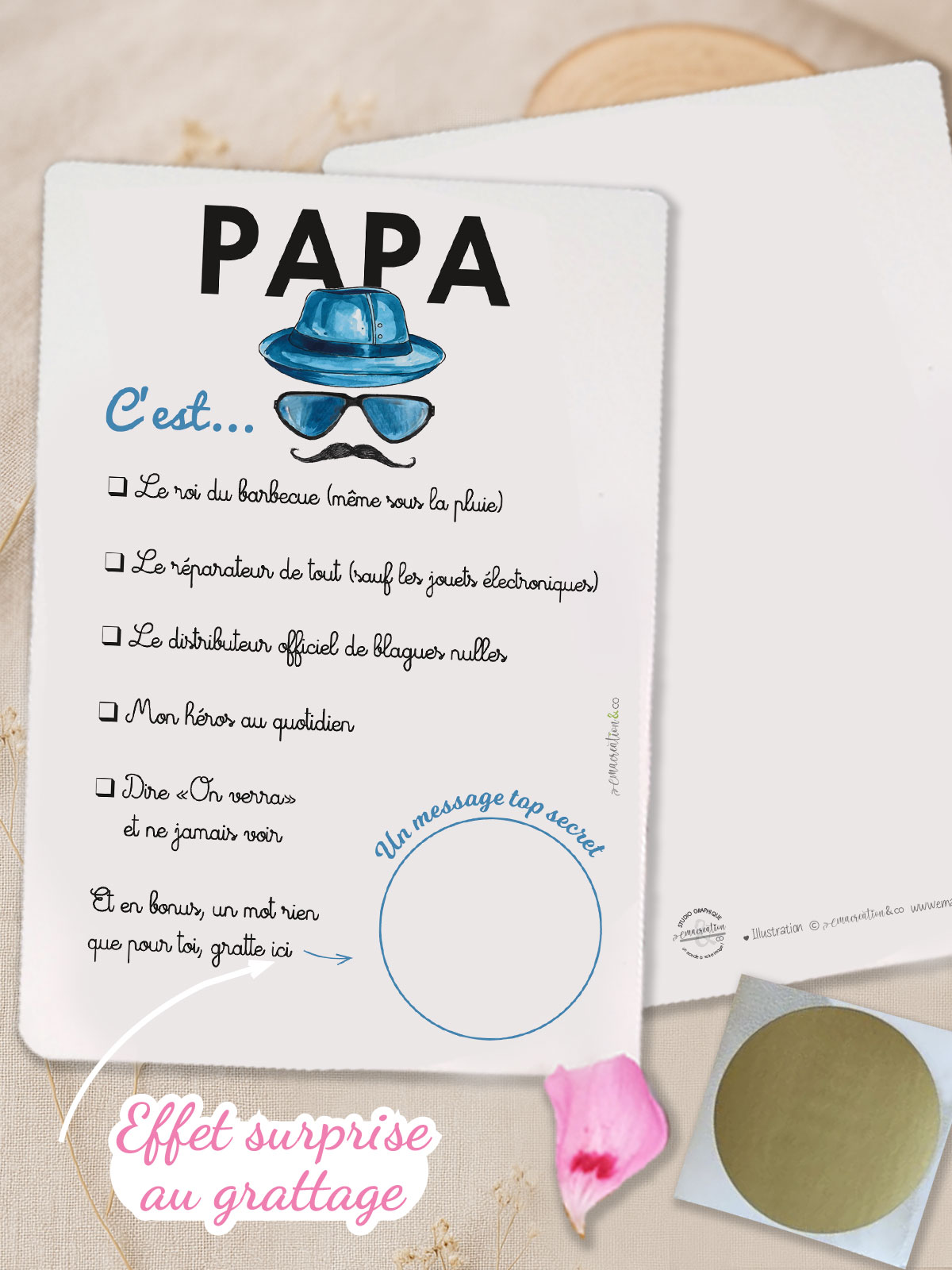 Carte à gratter “Papa moustache” humoristique avec pastille à gratter