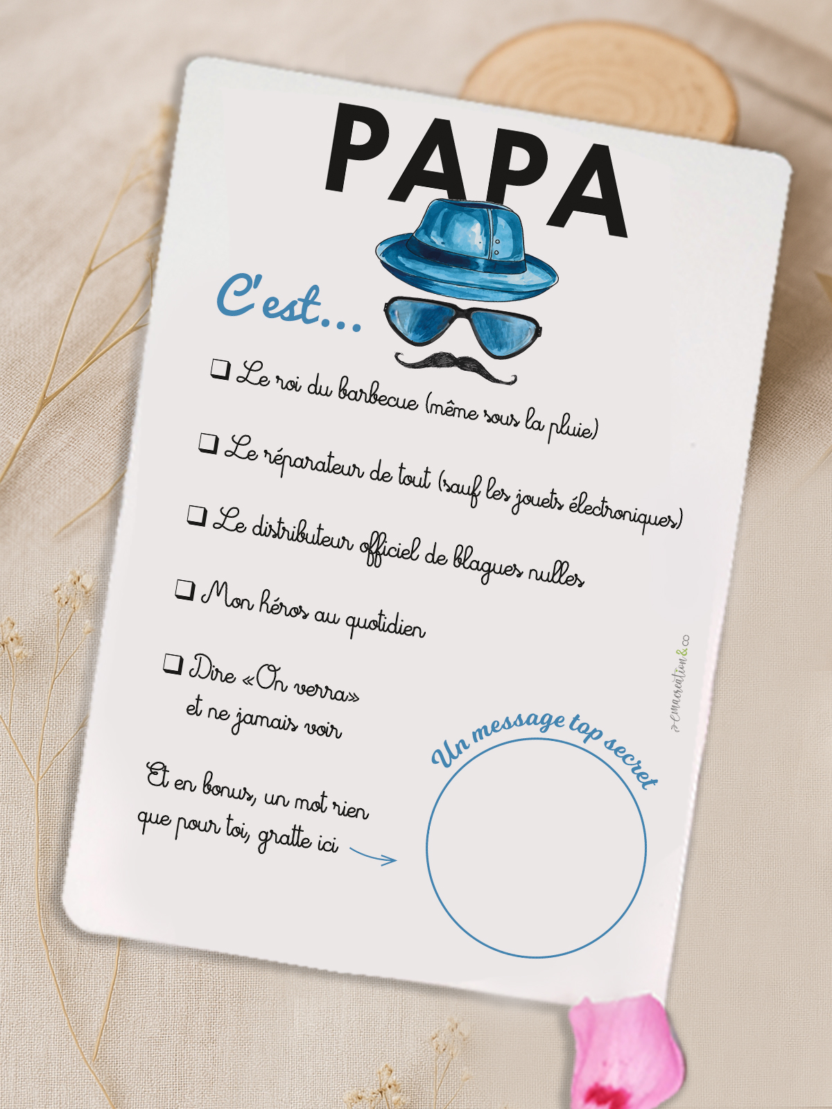 Carte à gratter “Papa moustache” humoristique avec pastille à gratter