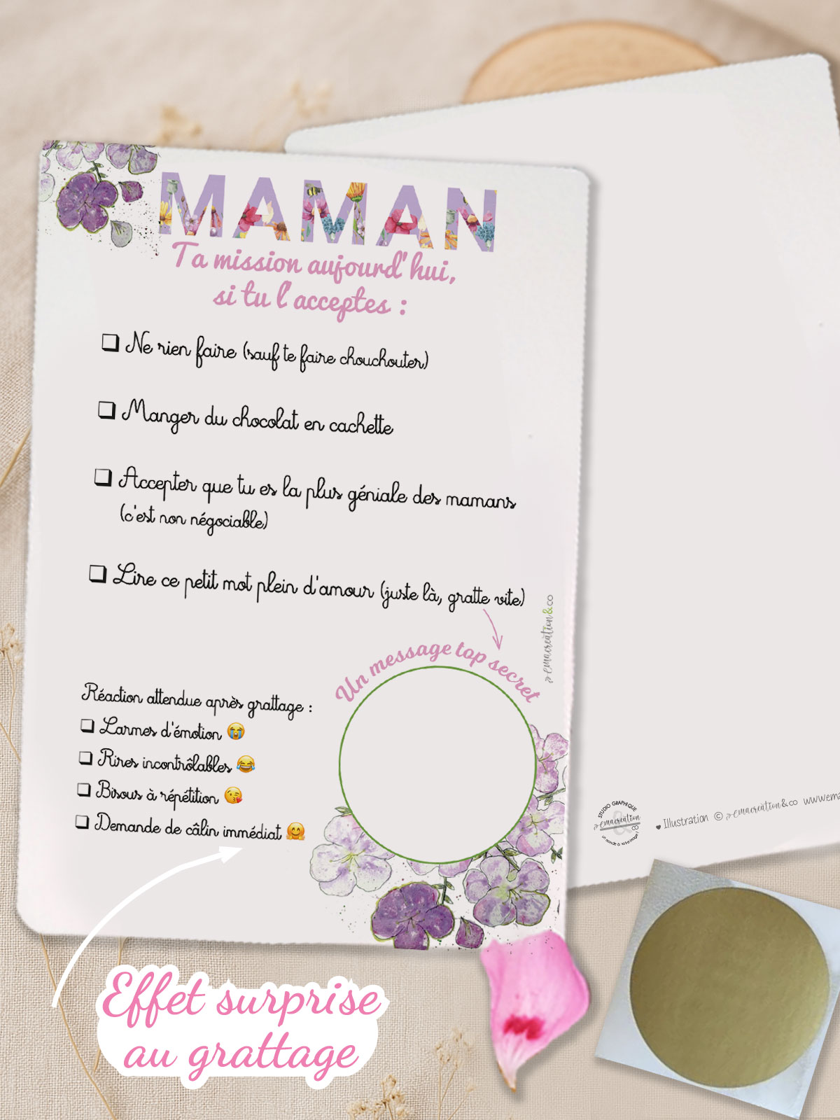 Carte à gratter Tatakizomé “ta mission si tu l'acceptes maman” avec cases à cocher et message caché, style poétique et floral