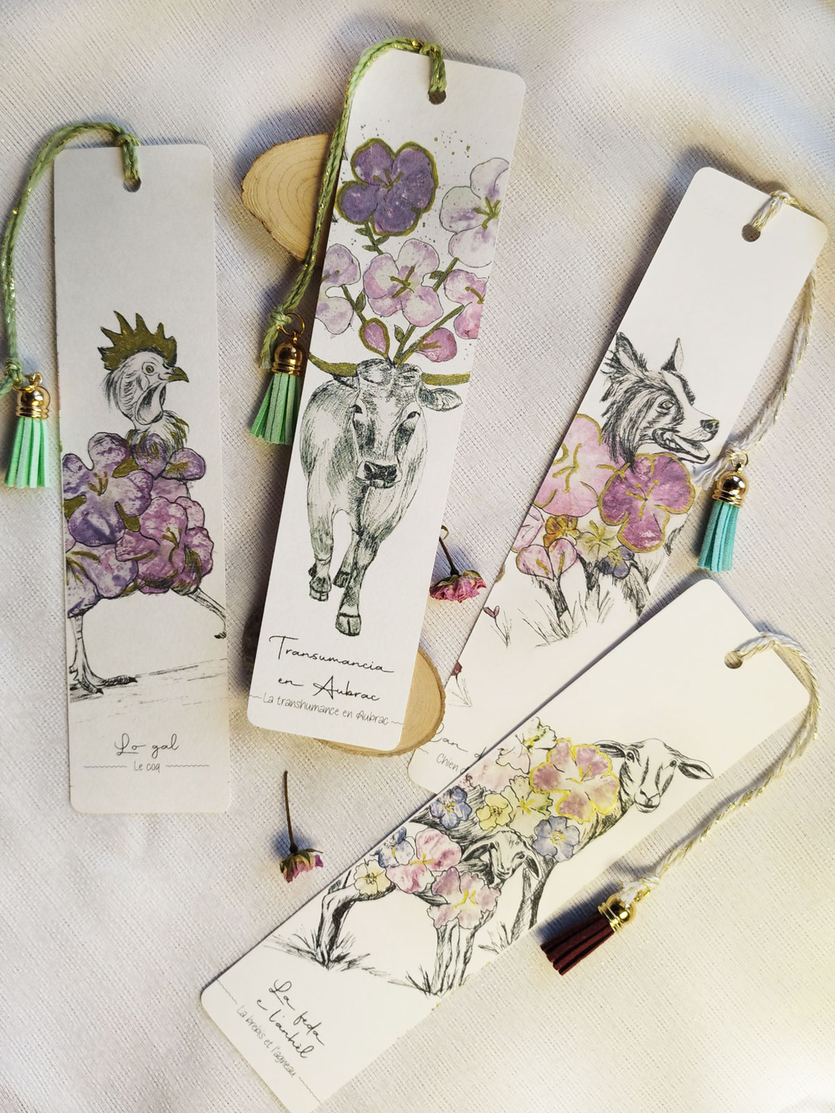 Marque-page animaux de la ferme en Tataki Zomé rehaussé de doré artisanal