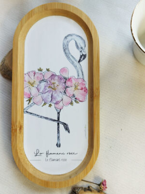 Plateau en bambou illustré d’un flamant rose ou d’une vache d’Aubrac en tataki zomé