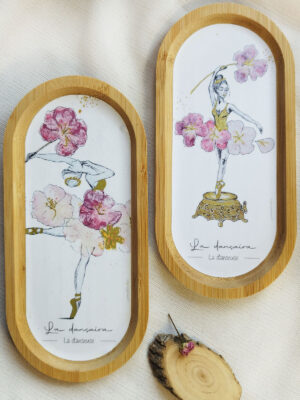 Plateau en bambou illustré d’une danseuse en tataki zomé dorée à la main