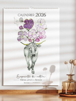 Calendrier 2026 Tatakizomé – 14 pages poétiques avec illustrations de danseuses, portraits et animaux, papier recyclé 300g, touches dorées à la main, édition limitée.