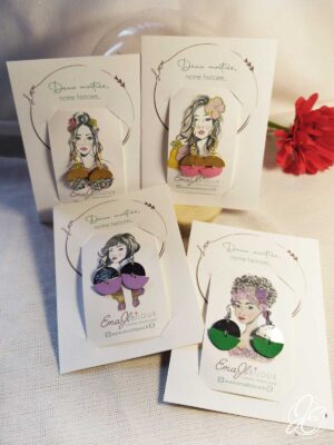 Boucle d'oreilles pendantes cuir recyclé et acier inoxydable portées sur carte illustrée