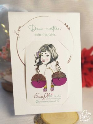 Boucle d'oreilles pendantes cuir recyclé et acier inoxydable portées sur carte illustrée